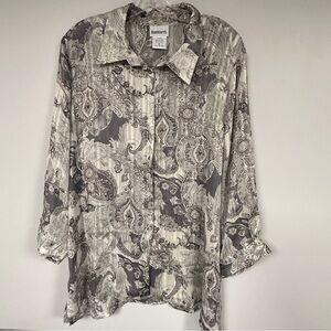 Vintage Women's BonWorth Blouse, Gray / Cream Semi Sheer Paisley, XL